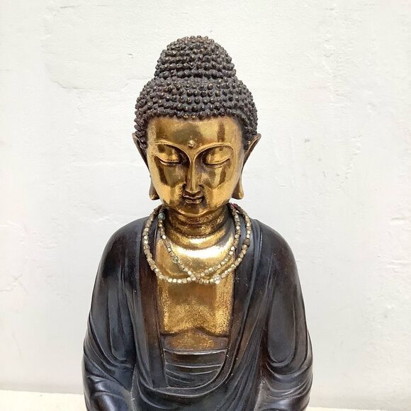 BUDDHA SCULPTURE GOLD LEAF ACCENT BEAUTIFUL SERENE FACE - Picture 2 of 3
